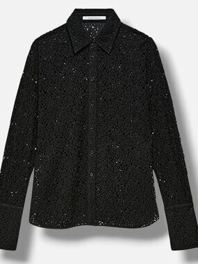Another Tomorrow Women's Black Botanical Guipure Shirt Top Size 44